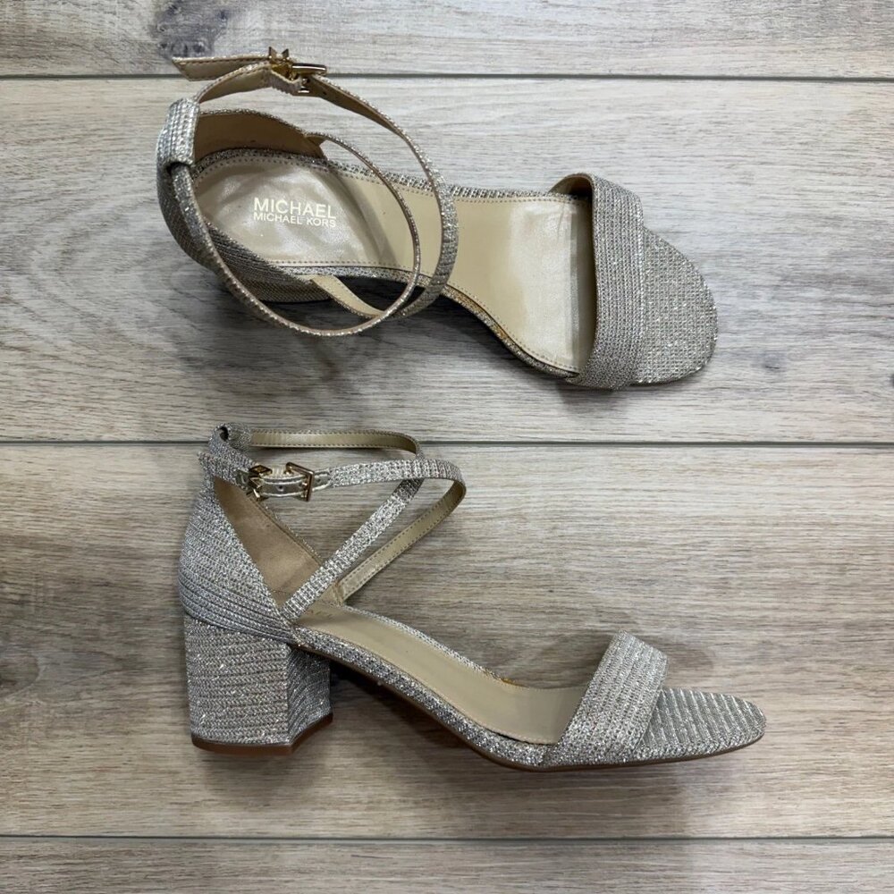 MICHAEL KORS Serena Silver Glitter Block Heel Ankle Strap Dressy Sandals Sz 8M